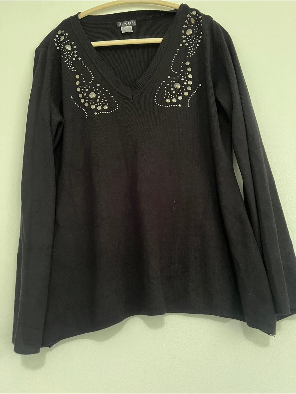 VENUS Black Long Sleeve V-Neck Top with Stud Embellishments